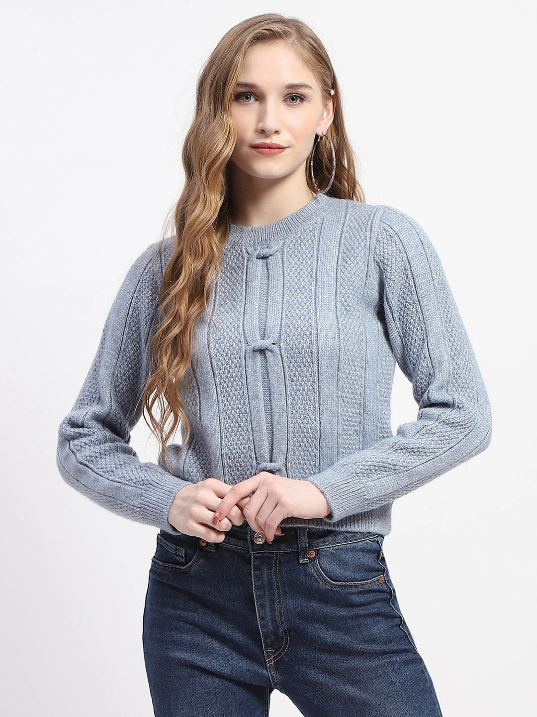 Madame Rib Neck Blue Knitted Sweater Casual Fit