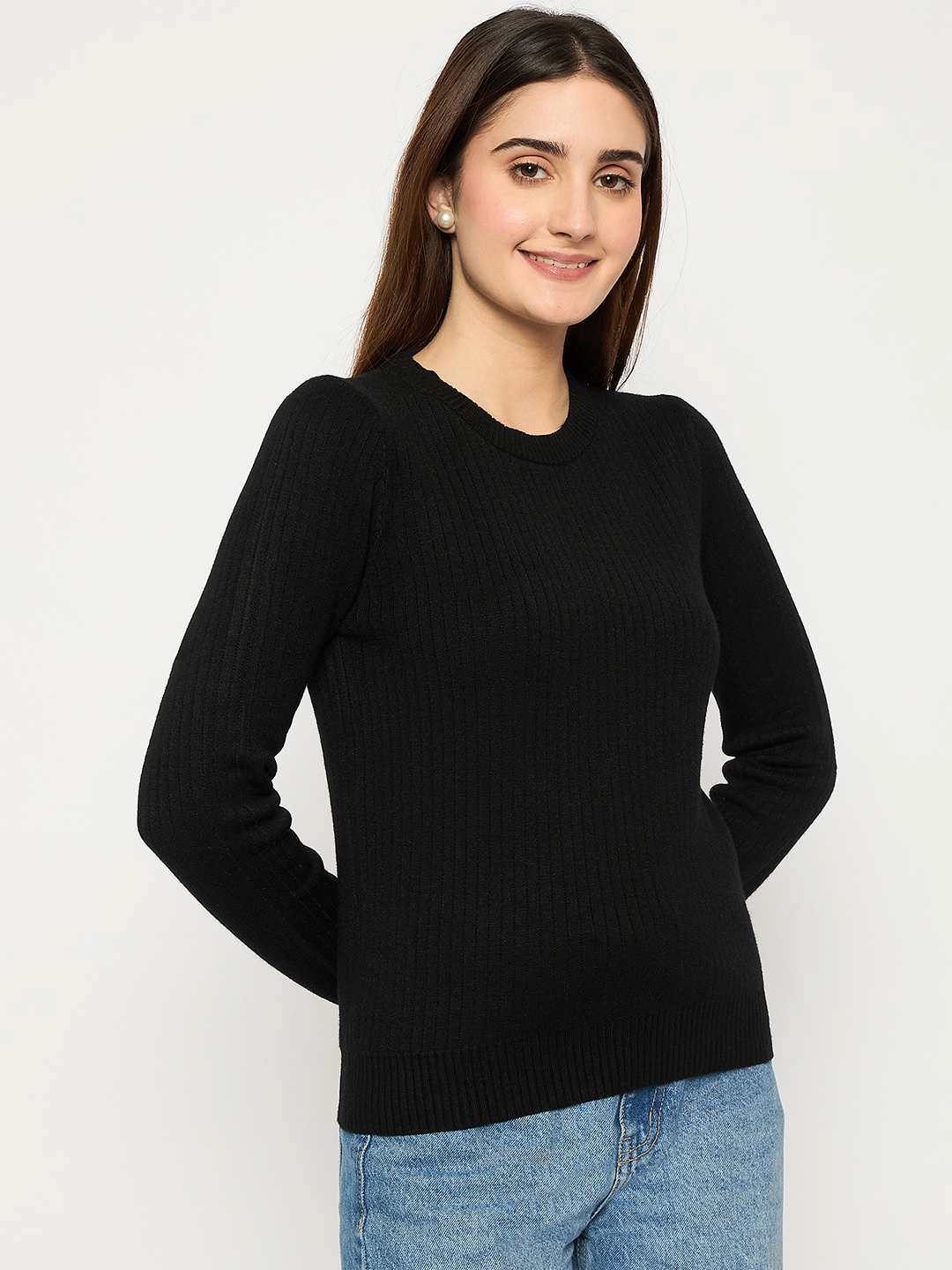 Breathable Stretch Madame Ribbed Cuffs Round Neck Black Sweater