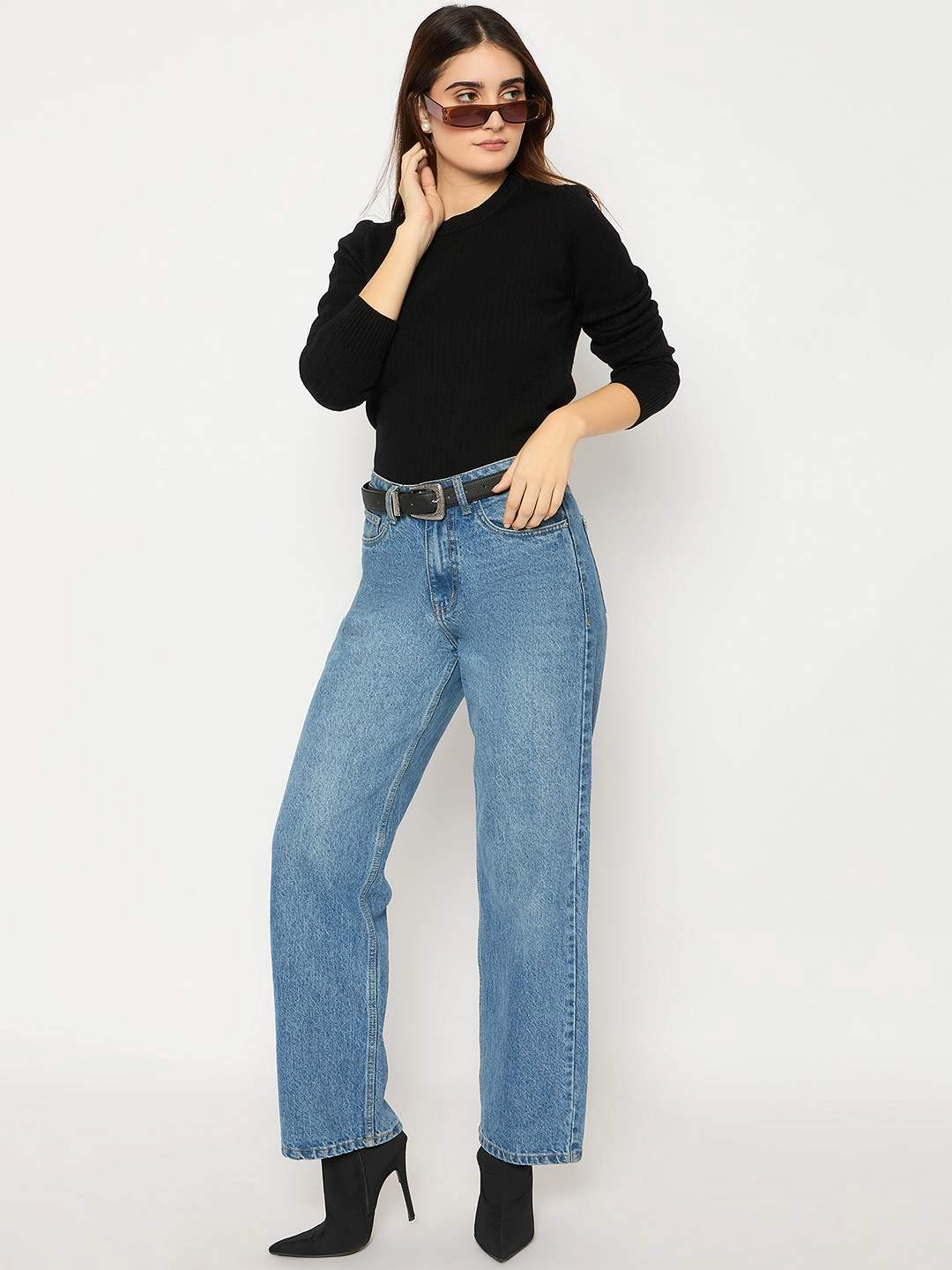 Madame Ribbed Cuffs Round Neck Black Sweater Warm Layers