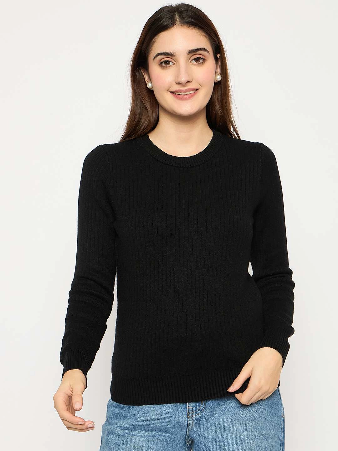 Luxe Touch Madame Ribbed Cuffs Round Neck Black Sweater