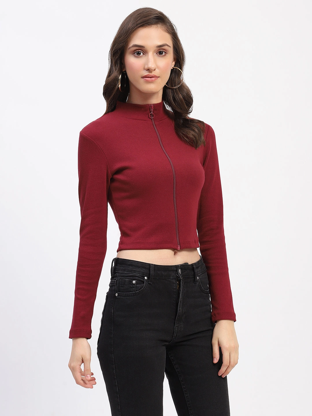 Madame Ribbed Mock Neck Zipped Bodycon Wine Top StretchFabric