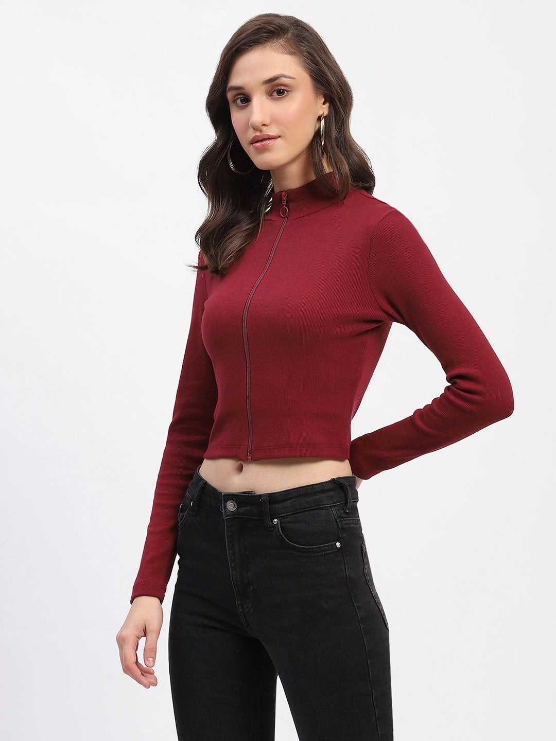 Madame Ribbed Mock Neck Zipped Bodycon Wine Top FourWay Stretch Fabric High Density Knit