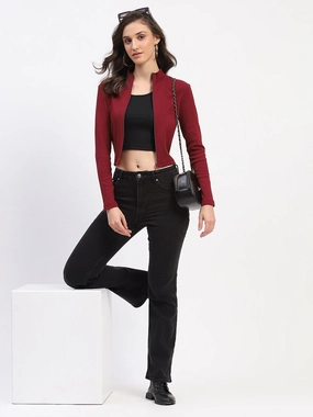 Madame Ribbed Mock Neck Zipped Bodycon Wine Top WrinkleResistant Fabric WaterRepellent Finish