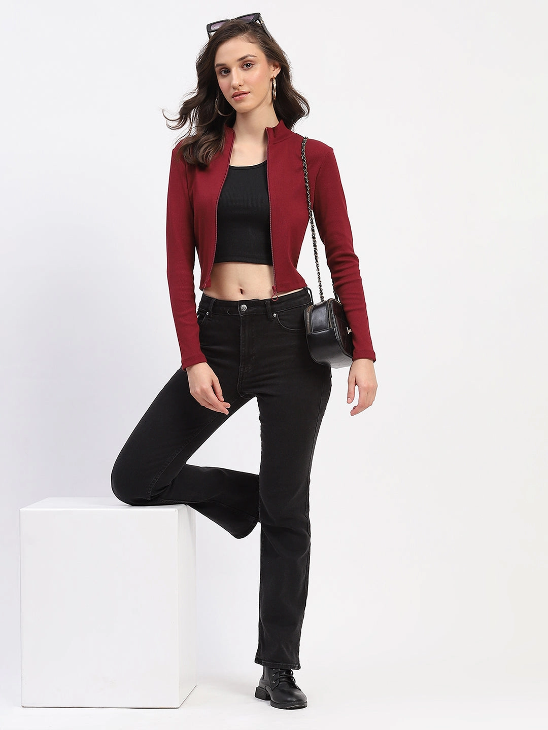 Madame Ribbed Mock Neck Zipped Bodycon Wine Top WrinkleResistant Fabric WaterRepellent Finish