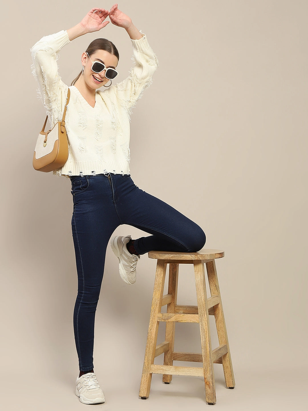 Madame Ripped Knitted V Neck Off White Sweater Double Layered Collar