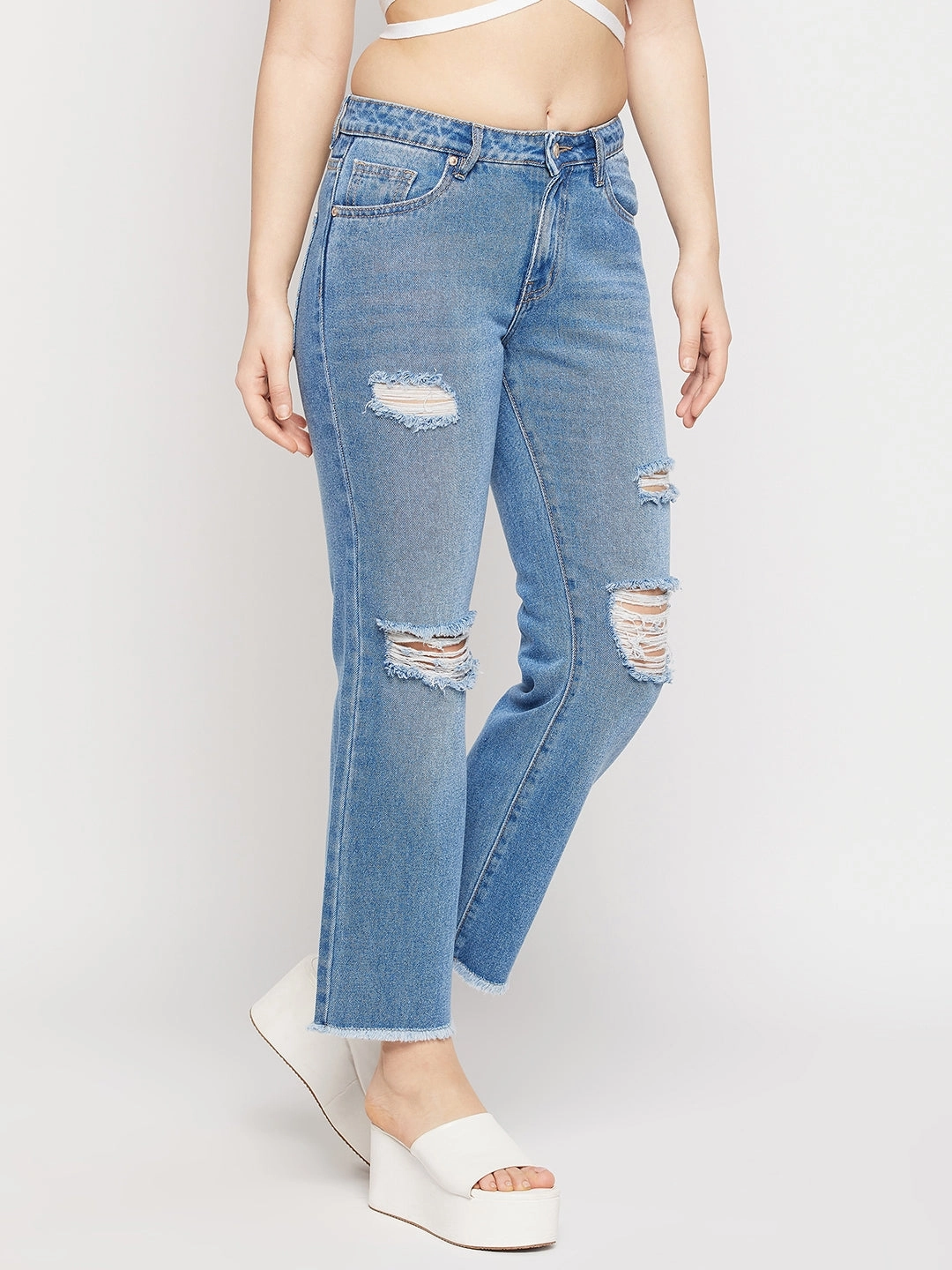 Madame Ripped Mid-Rise Double Wash Cropped Straight Fit Jeans Bold Look Professional Wear Fit Ready