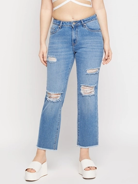 Morning Stroll Evening Stroll Trend Setter Core Fit Madame Ripped Mid-Rise Double Wash Cropped Straight Fit Jeans