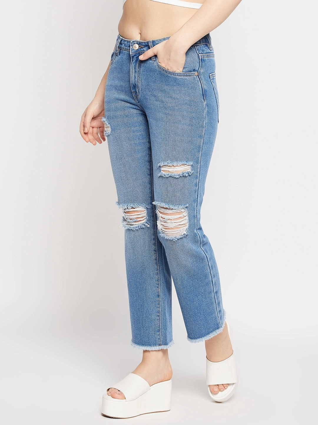 Madame Ripped Mid-Rise Double Wash Cropped Straight Fit Jeans Eco Friendly Lightweight Modern Eco Friendly Chill Outfit Road Trip