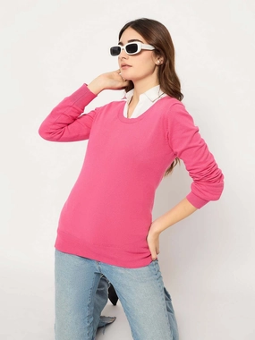 Layering Fashion Madame Round Neck Ribbed Cuff Coral Sweater