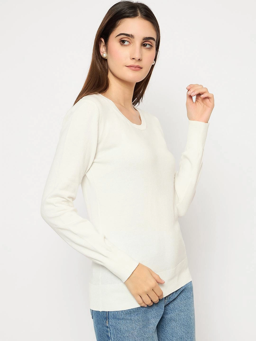 Madame Round Neck Ribbed Cuff Off White Sweater Comfy Vibe