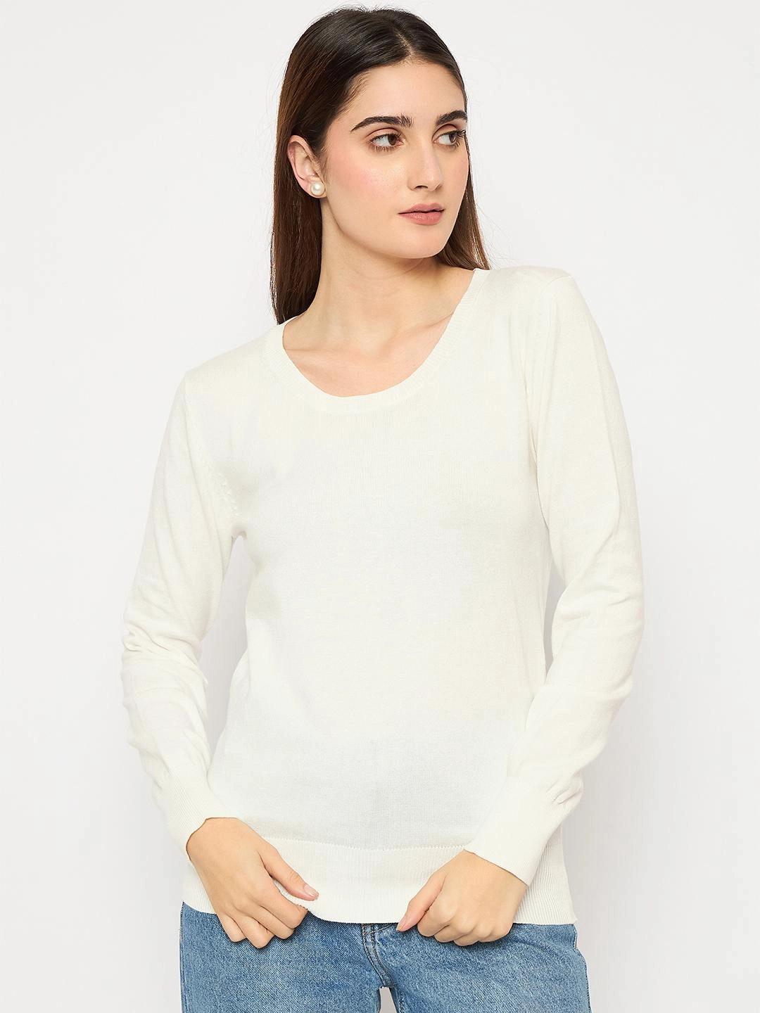Madame Round Neck Ribbed Cuff Off White Sweater Fashion-Forward Look Flexible Drop Shoulder