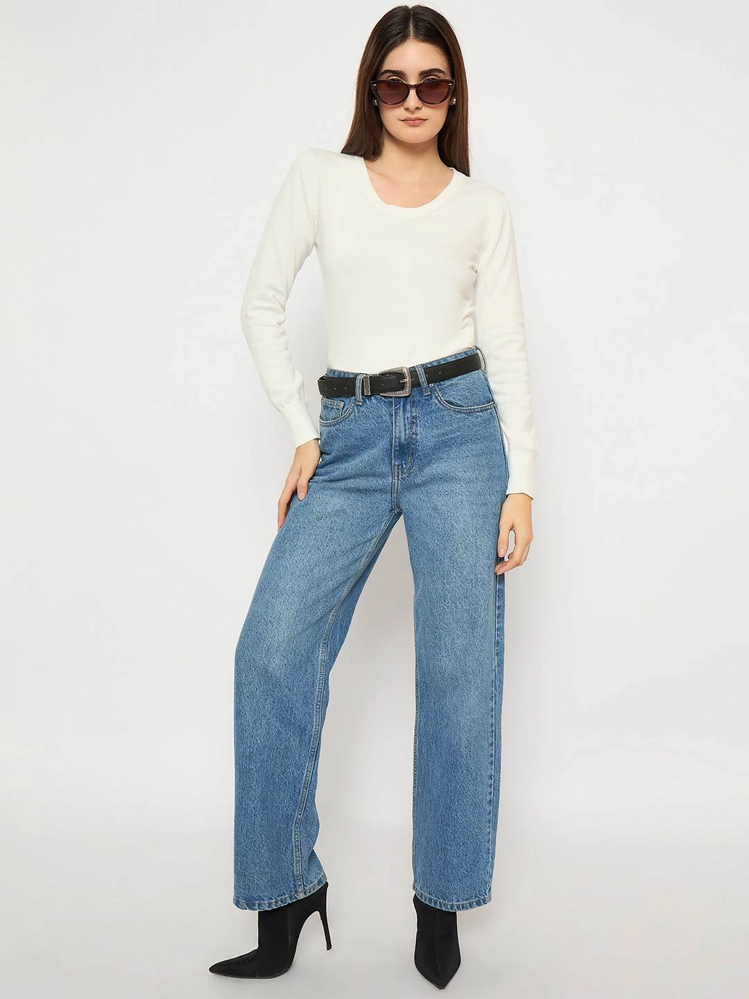 Madame Round Neck Ribbed Cuff Off White Sweater Winter Day Comfort Moisture Wicking Fabric