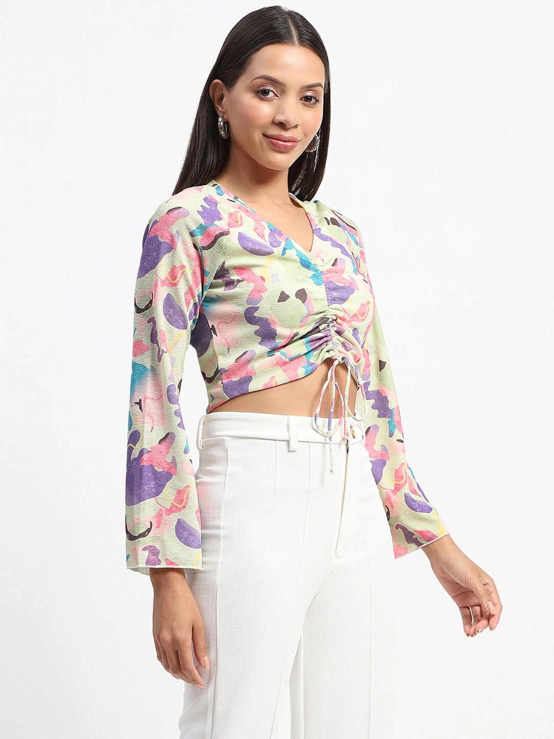 Madame Ruched Abstract Print Bell Sleeves Lilac Crop Top LowImpact Dye Process BondedSeams