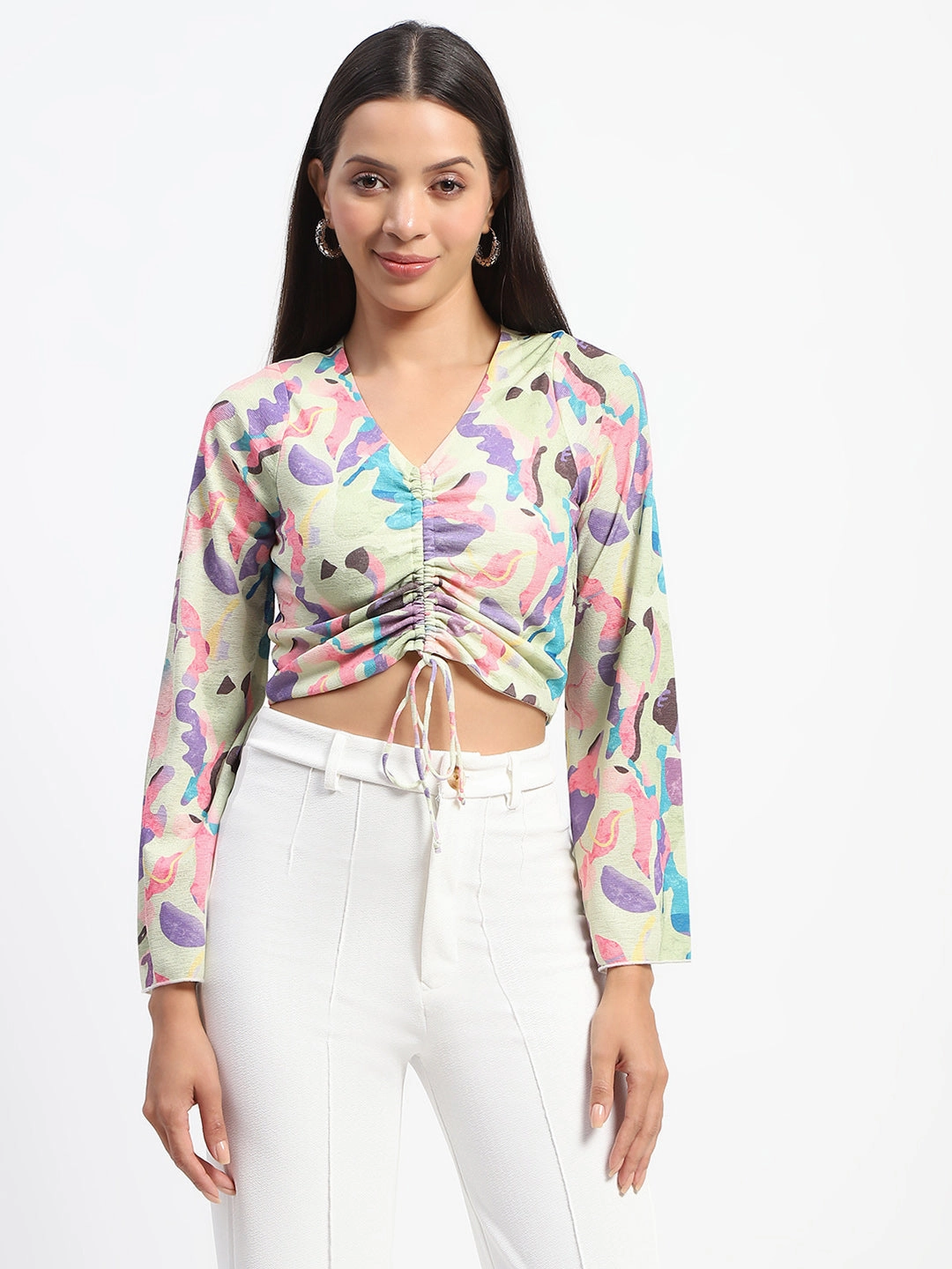 Madame Ruched Abstract Print Bell Sleeves Lilac Crop Top Breathable Ventilation Two Tone Weave