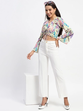 Odor Resistant Material Madame Ruched Abstract Print Bell Sleeves Lilac Crop Top
