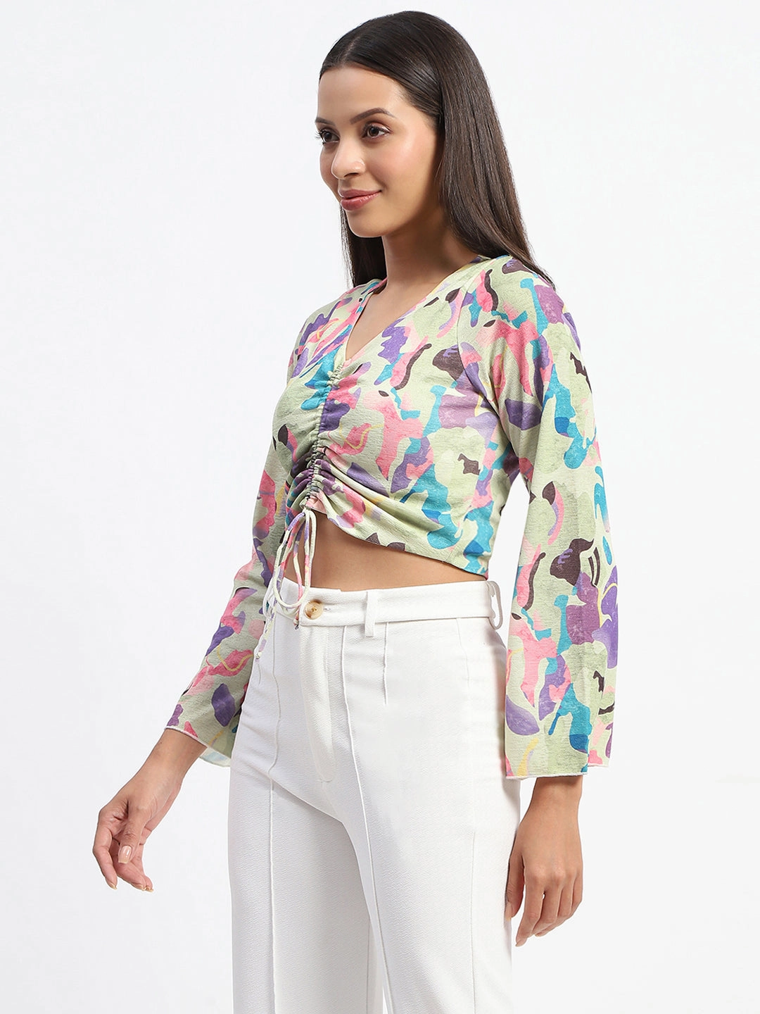 Madame Ruched Abstract Print Bell Sleeves Lilac Crop Top WeightedHem Tactile Soft Texture