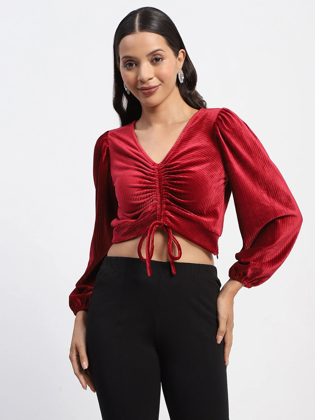All Season Wear Fabric Madame Ruched V Neck Puff Sleeve Velvet Crop Top