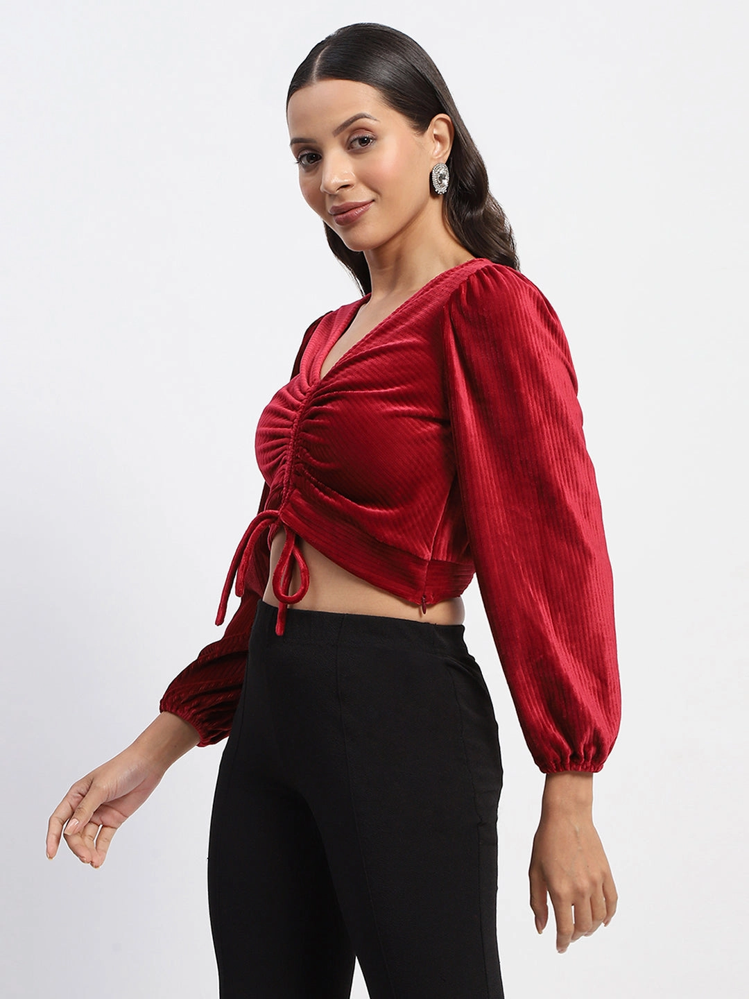 Relaxed Look Button Down Collar Madame Ruched V Neck Puff Sleeve Velvet Crop Top