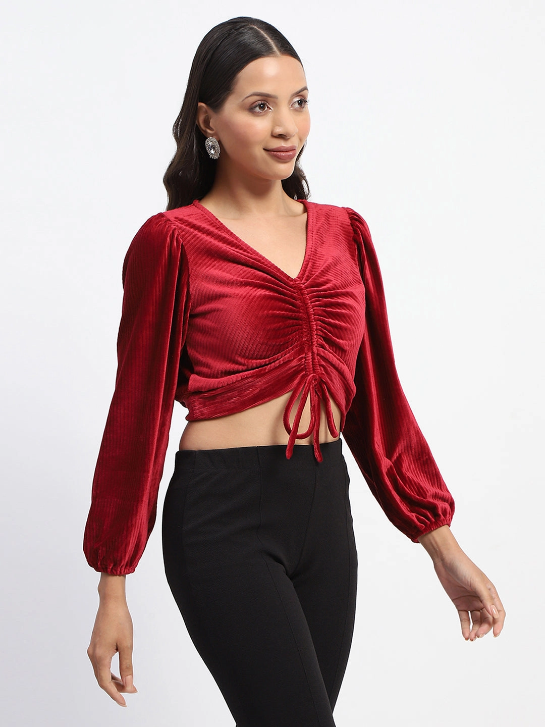 Madame Ruched V Neck Puff Sleeve Velvet Crop Top Self Cleaning Coating Relaxed Fit Shirt