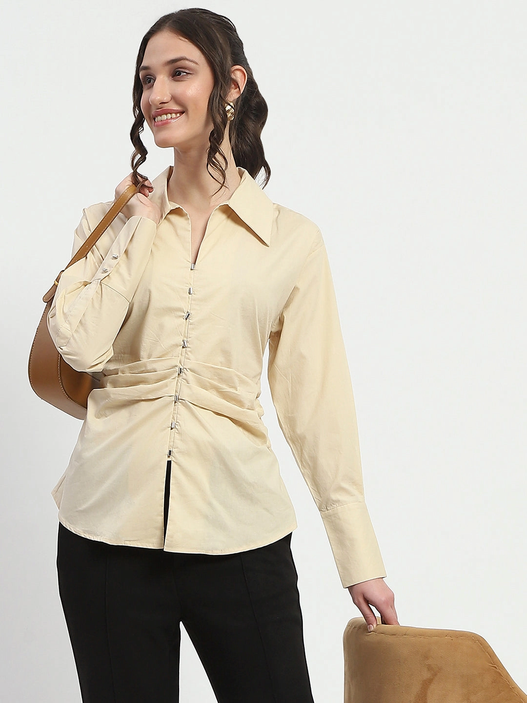 Madame Ruched Waist Wing Necked Solid Beige Cotton Shirt Smooth Cotton Blend