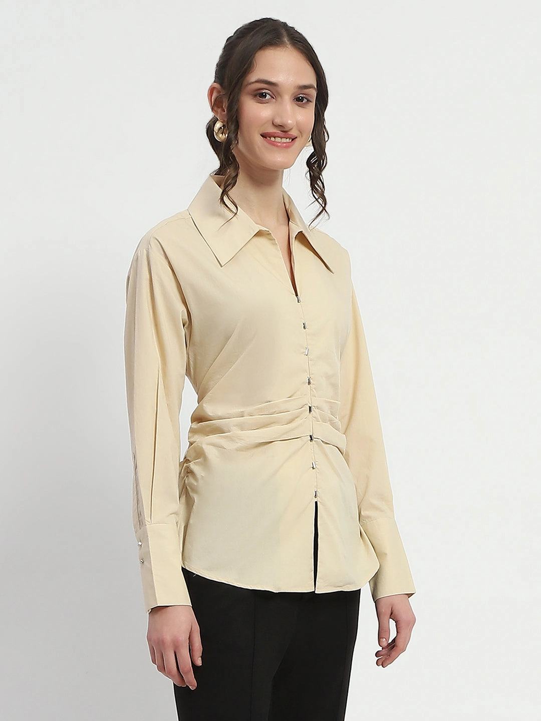 Roll-Up Sleeve Madame Ruched Waist Wing Necked Solid Beige Cotton Shirt
