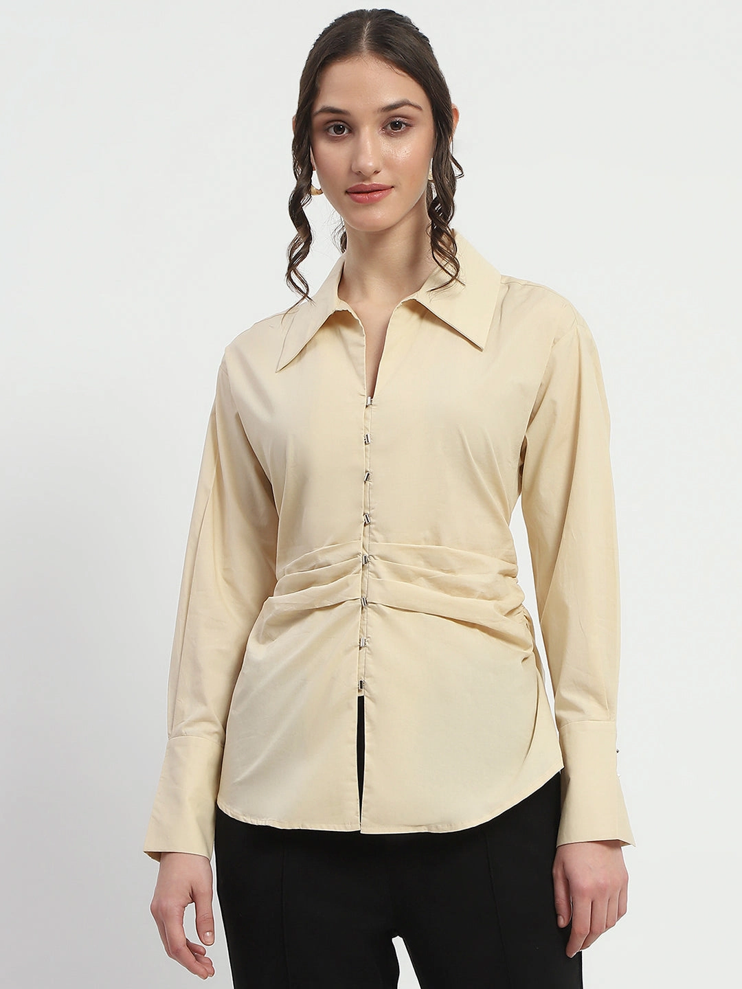 Seasonal Fashion UV Protective Fabric Madame Ruched Waist Wing Necked Solid Beige Cotton Shirt