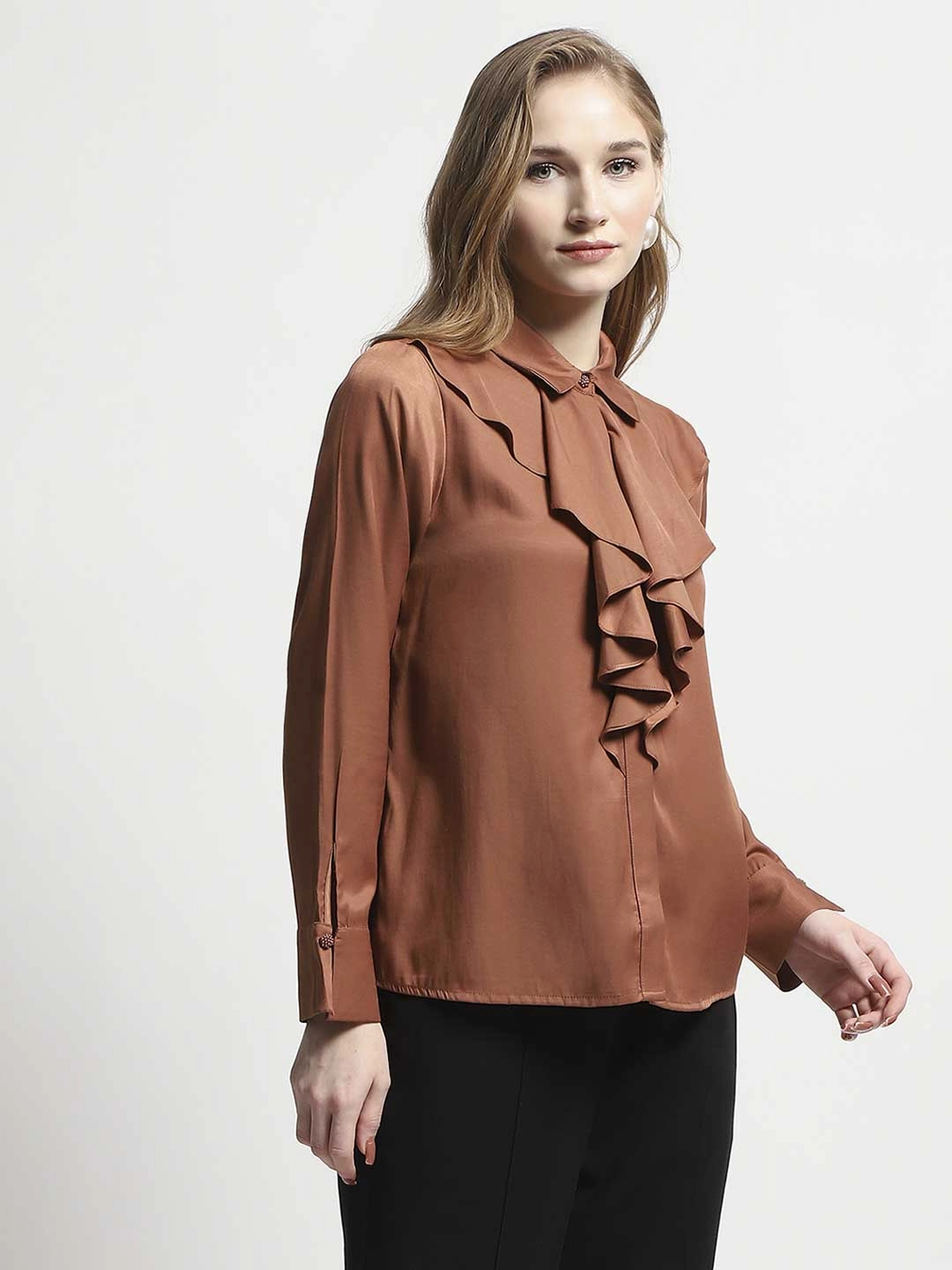 Madame Ruffle Collar Solid Rust Shirt Rugged Style Structured Collar