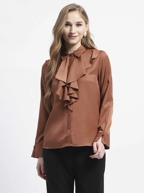 Chic Wardrobe Trendy Layer Madame Ruffle Collar Solid Rust Shirt