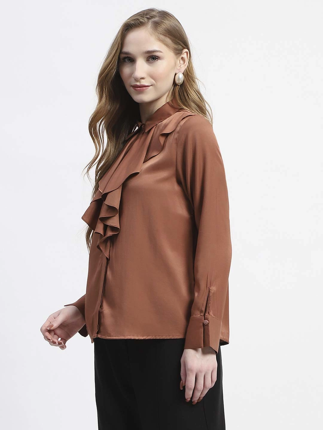 Madame Ruffle Collar Solid Rust Shirt Daytime Look Social Meetup