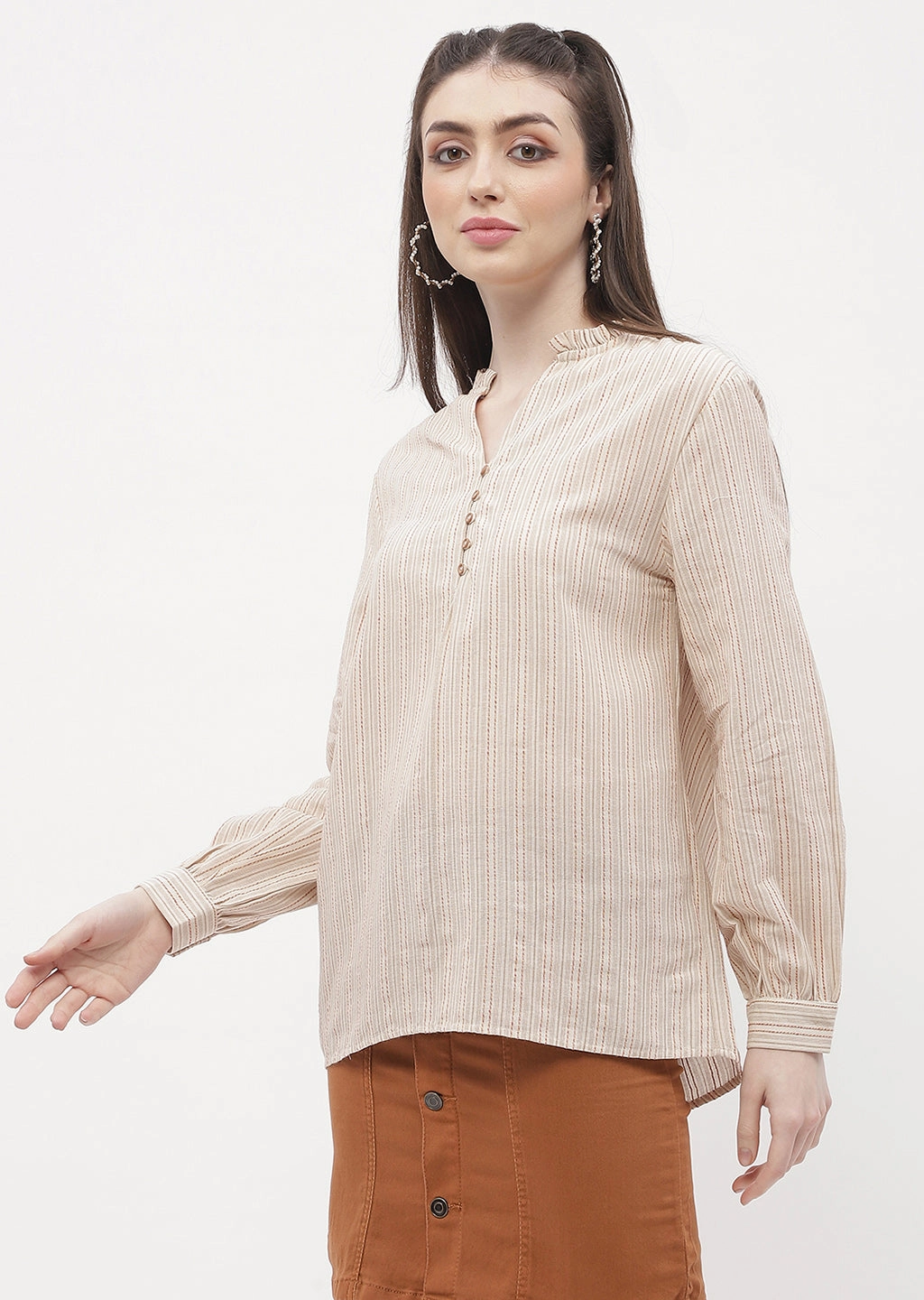 Madame Ruffle Mandarin Collar Beige Striped Top Sporty Design