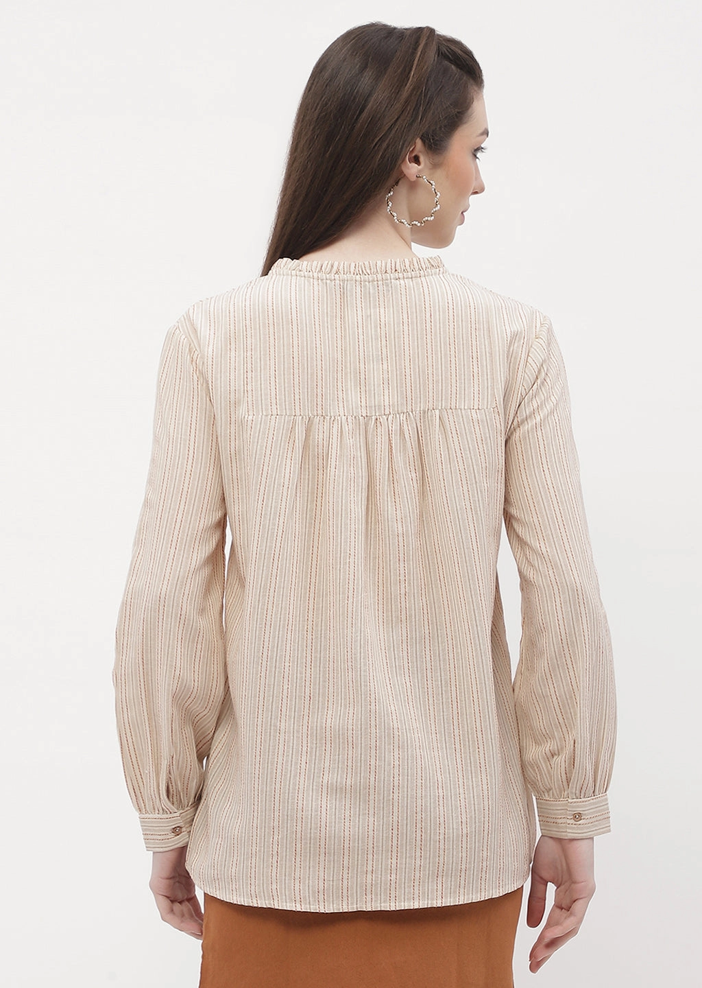 Breathable fabric Reinforced Hemline Madame Ruffle Mandarin Collar Beige Striped Top