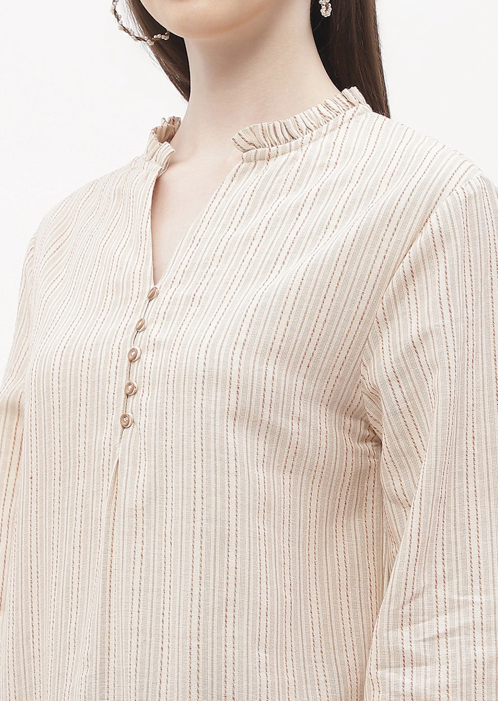 Stylish T-shirt Placket Detailing Madame Ruffle Mandarin Collar Beige Striped Top