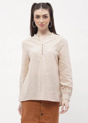 Active Look Sustainable Waterproofing Madame Ruffle Mandarin Collar Beige Striped Top