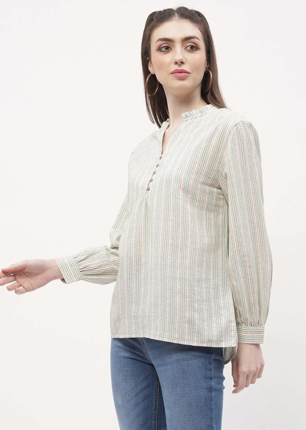 Sport Top Madame Ruffle Mandarin Collar Green Striped Top