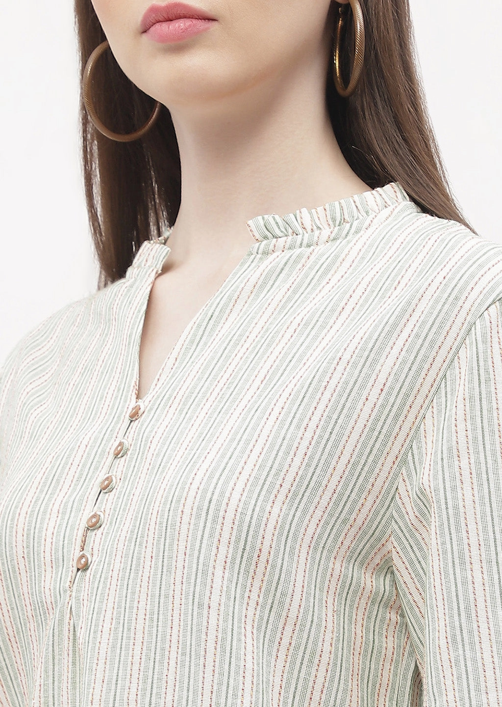 Madame Ruffle Mandarin Collar Green Striped Top Contrast Stitch Detailing