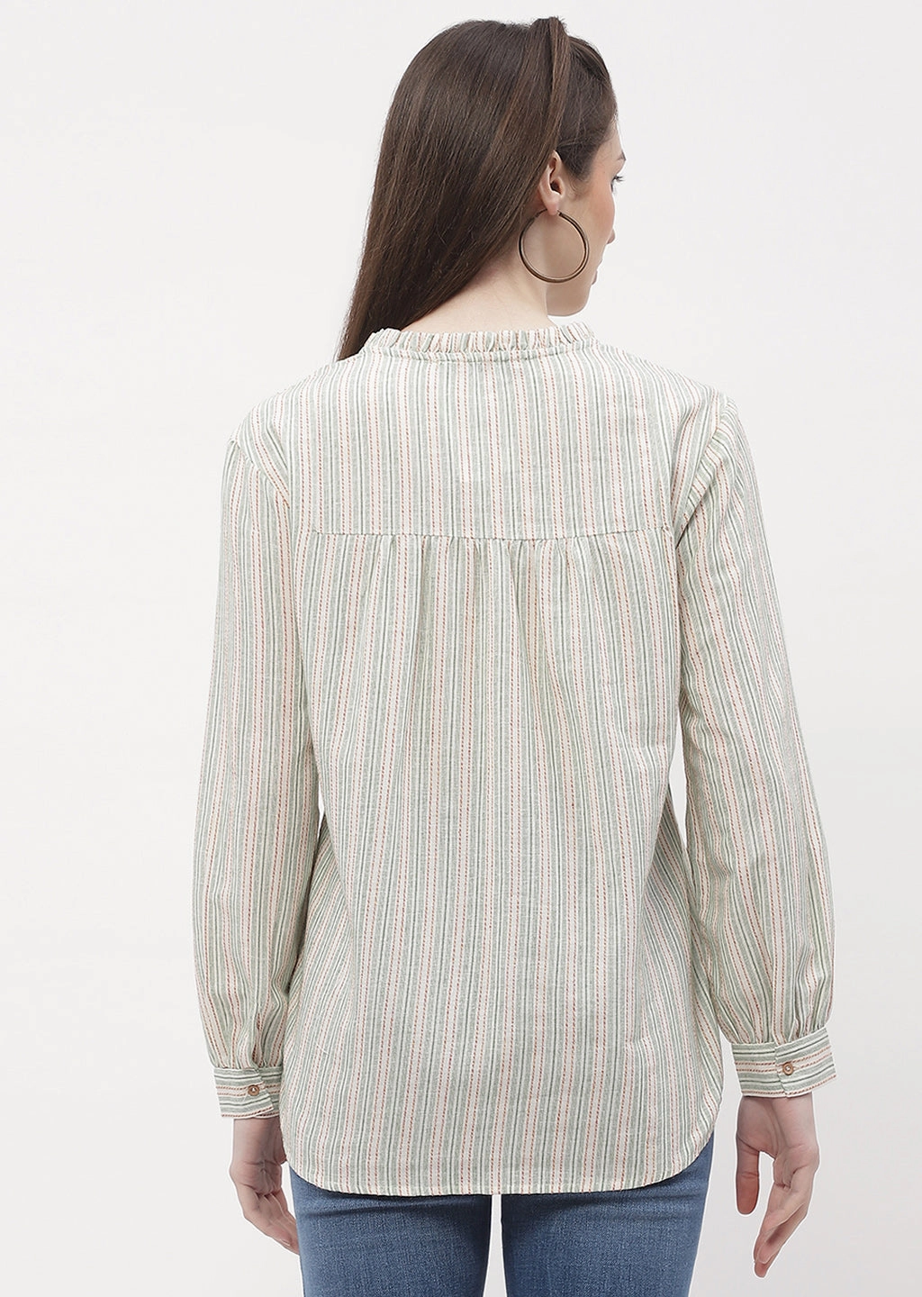 Madame Ruffle Mandarin Collar Green Striped Top Light Reflective Printing