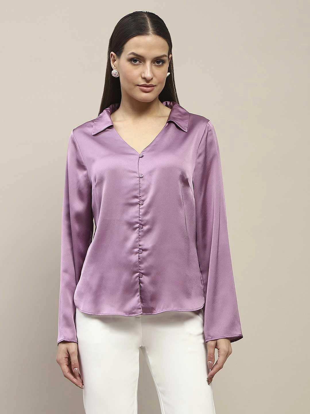 Comfy Fit Breathable3DKnit Madame Satin Bell Sleeve Collared Solid Lilac Top