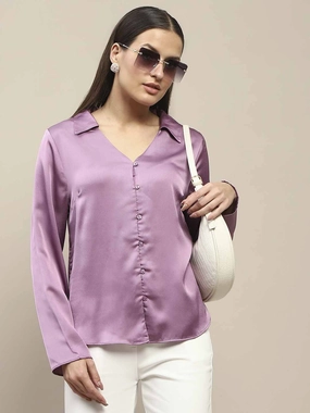 Outdoor Apparel Reinforced Shoulders Madame Satin Bell Sleeve Collared Solid Lilac Top