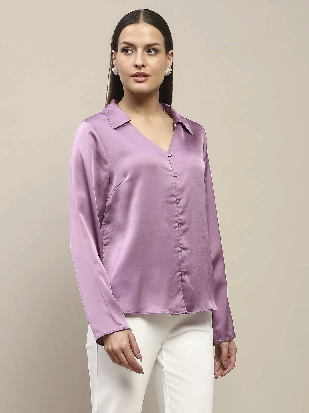 BreathableMeshInsert Minimalist Detailing Madame Satin Bell Sleeve Collared Solid Lilac Top