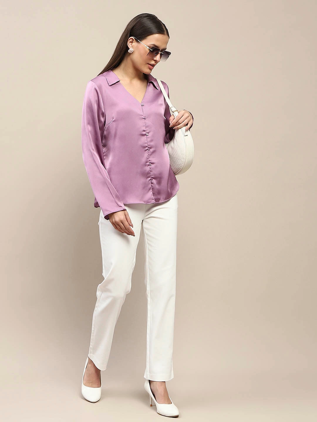 ThermalRegulating Fabric FoldableFeature Madame Satin Bell Sleeve Collared Solid Lilac Top