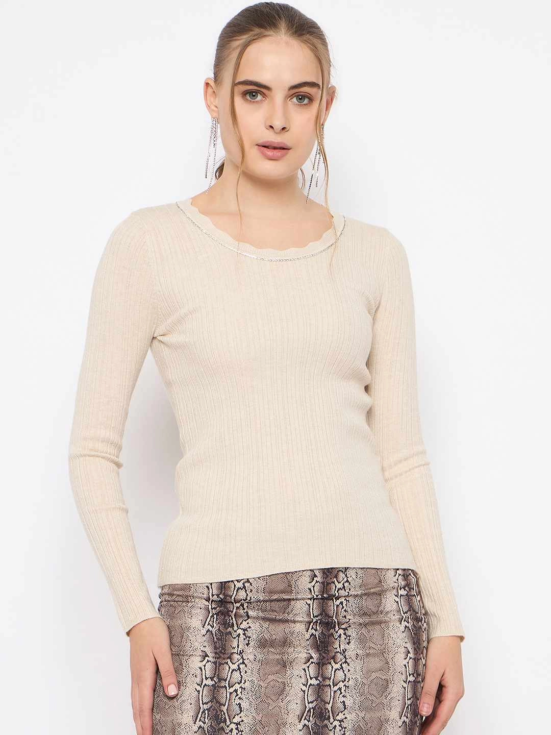 Sophisticated Look Madame Scalloped Neck Solid Beige Sweater