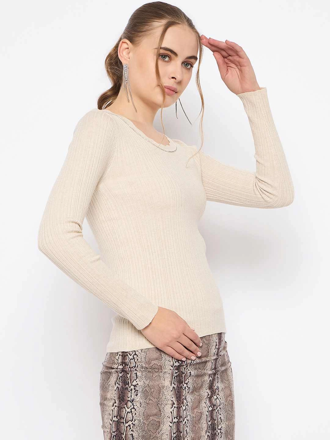 Sport Flex Wear Layered Wearable Madame Scalloped Neck Solid Beige Sweater