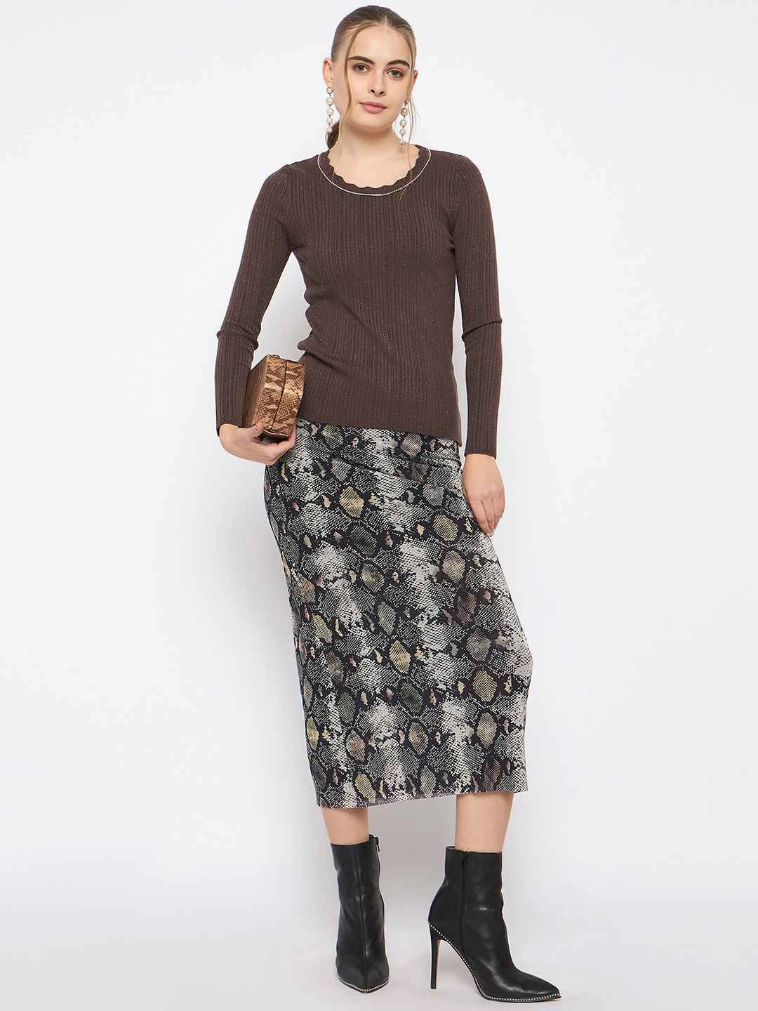 Madame Scalloped Neck Solid Brown Sweater Chill Wear