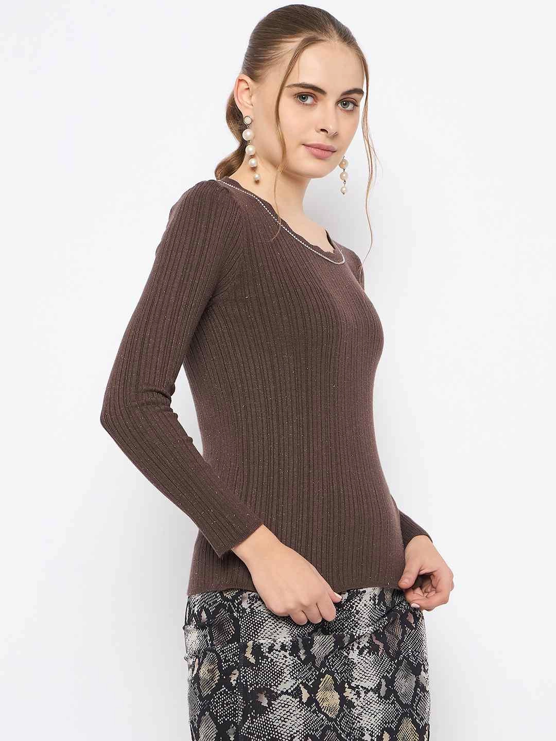 Breathable Performance Madame Scalloped Neck Solid Brown Sweater