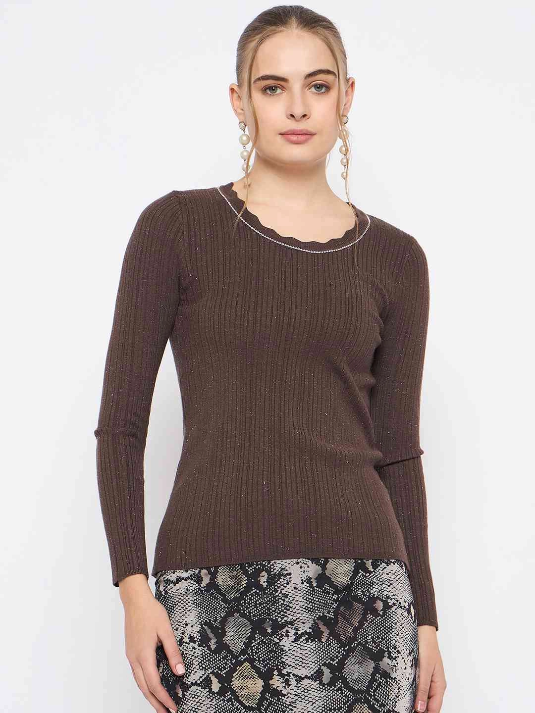 Madame Scalloped Neck Solid Brown Sweater Warm Layer Oversized Fit