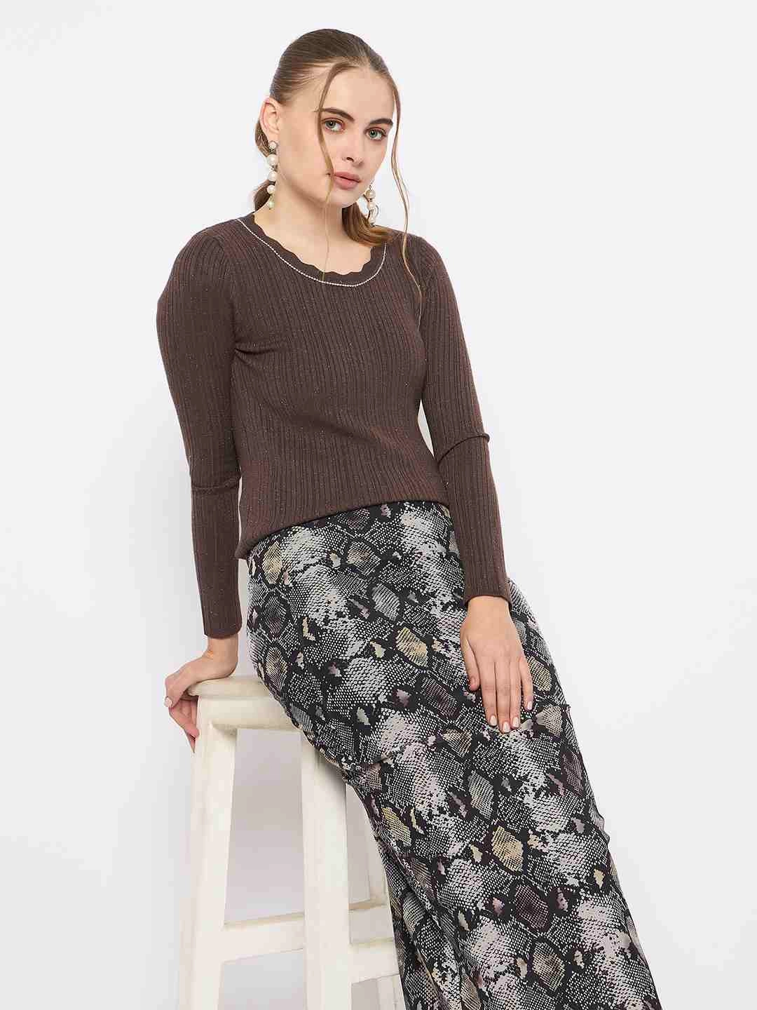 Madame Scalloped Neck Solid Brown Sweater Comfy Winter Wear Effortless Layer