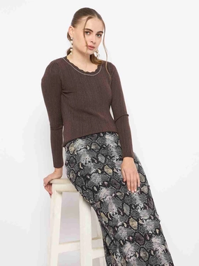 Madame Scalloped Neck Solid Brown Sweater Comfy Winter Wear Effortless Layer