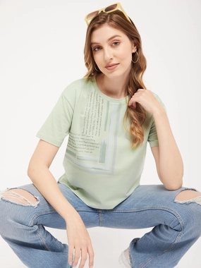 Non Restrictive Fit Madame Sea Green Typography T-Shirt