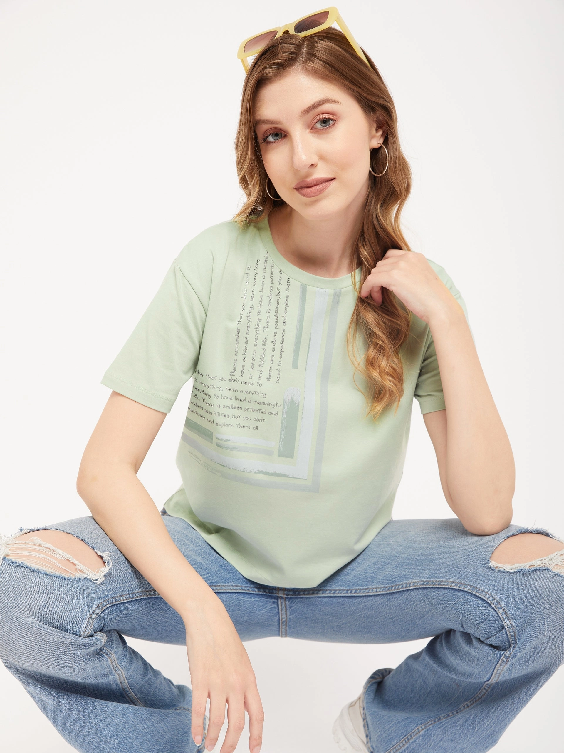 Non Restrictive Fit Madame Sea Green Typography T-Shirt