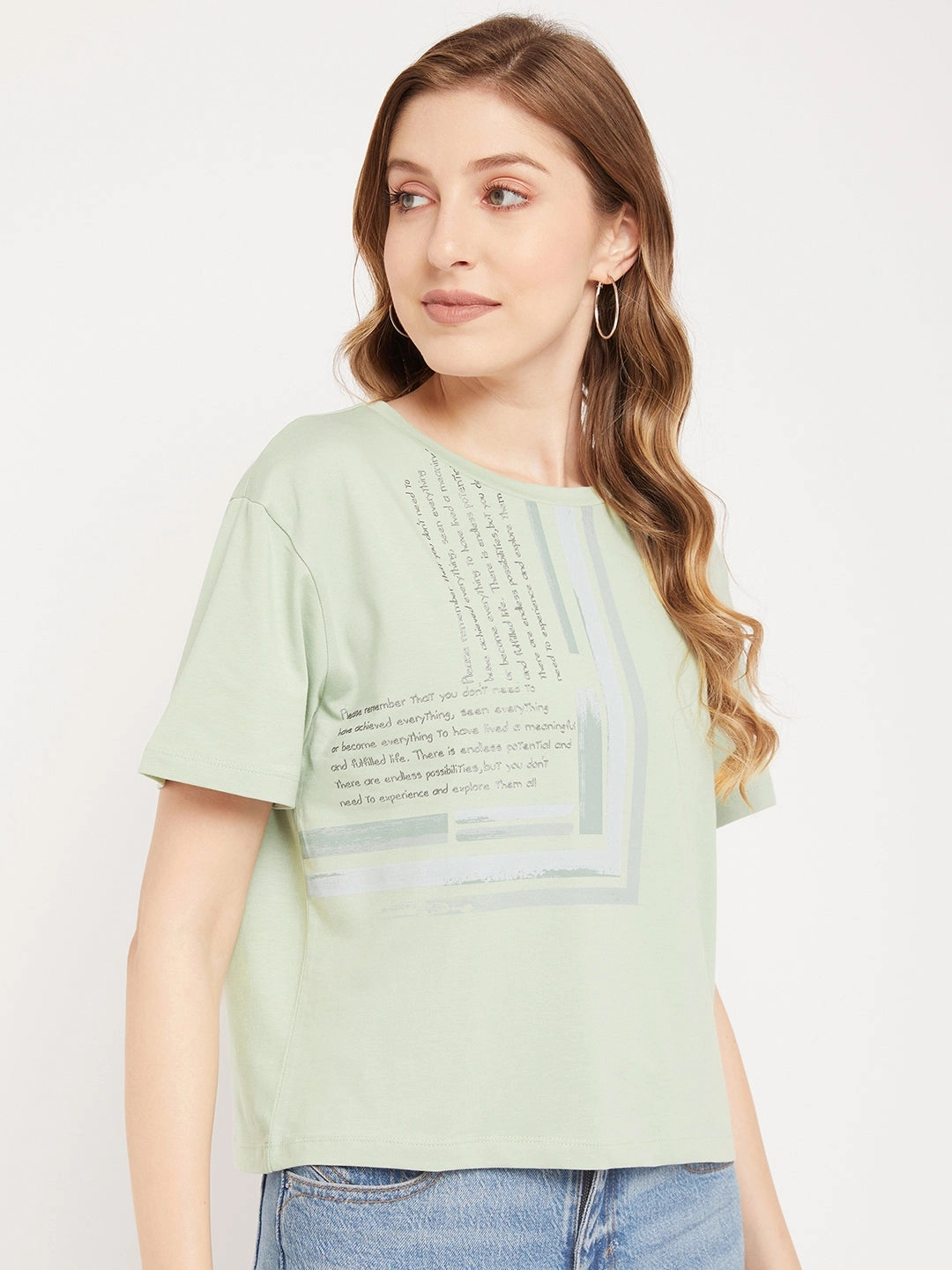 Madame Sea Green Typography T-Shirt MeshLining